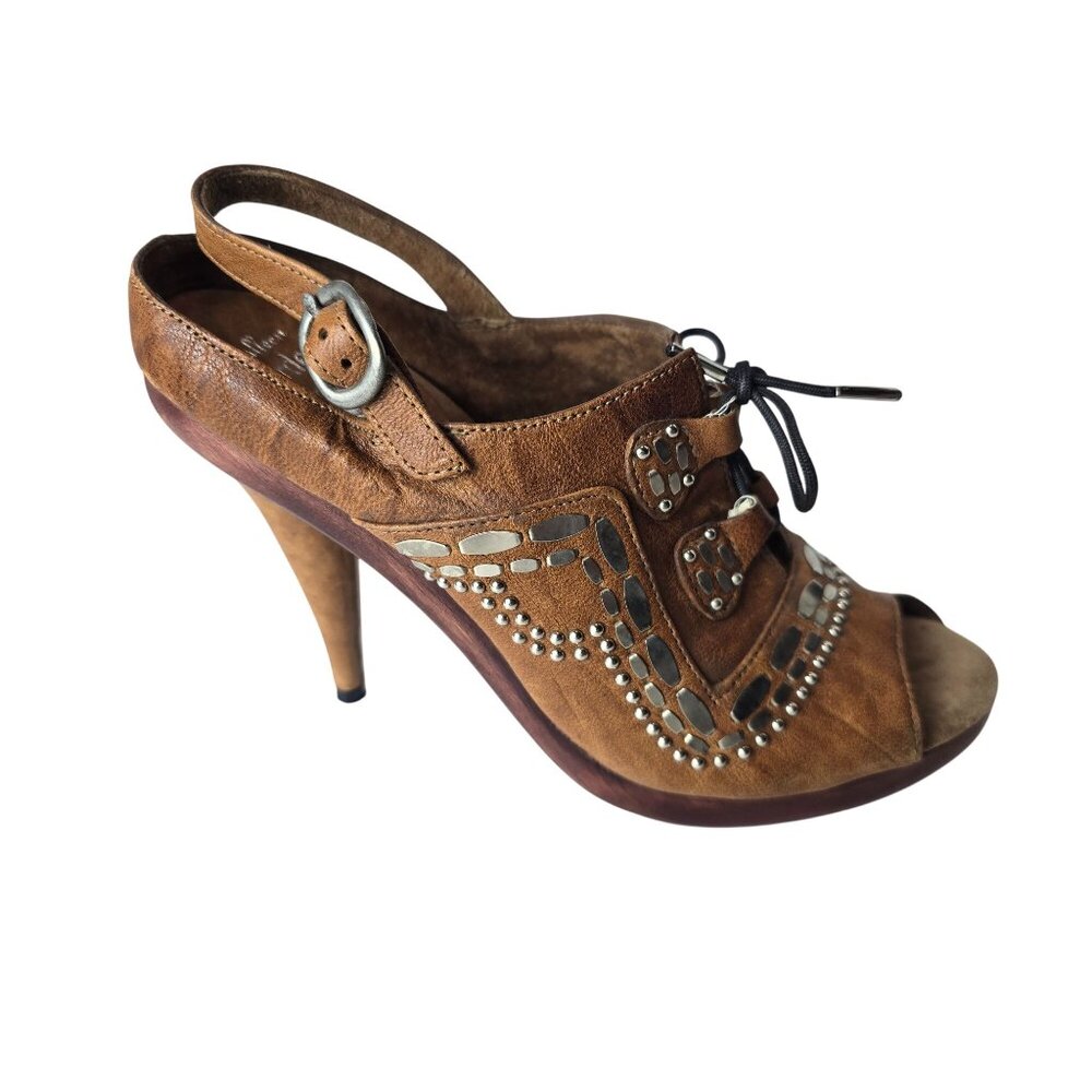 Calleen Cordero Katia Brown Leather Peep-Toe Oxford‎ Heels Size 8 - Picture 4 of 11